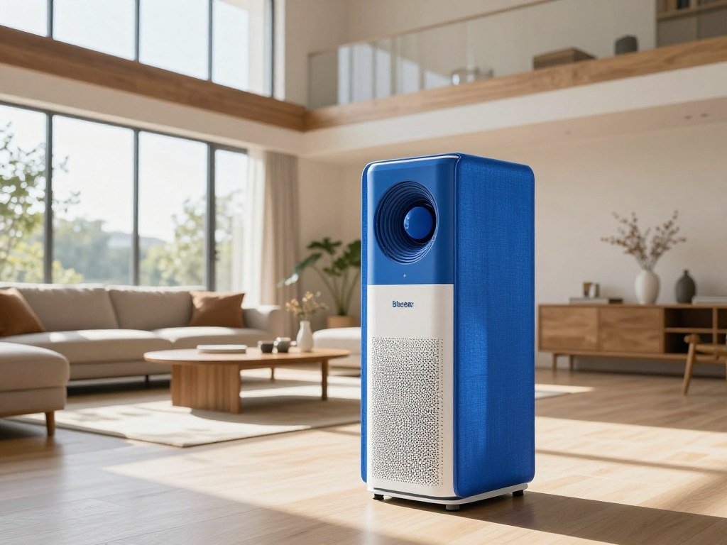 Blueair Blue Pure 211 plus air purifier with colorful pre-filter in spacious living room