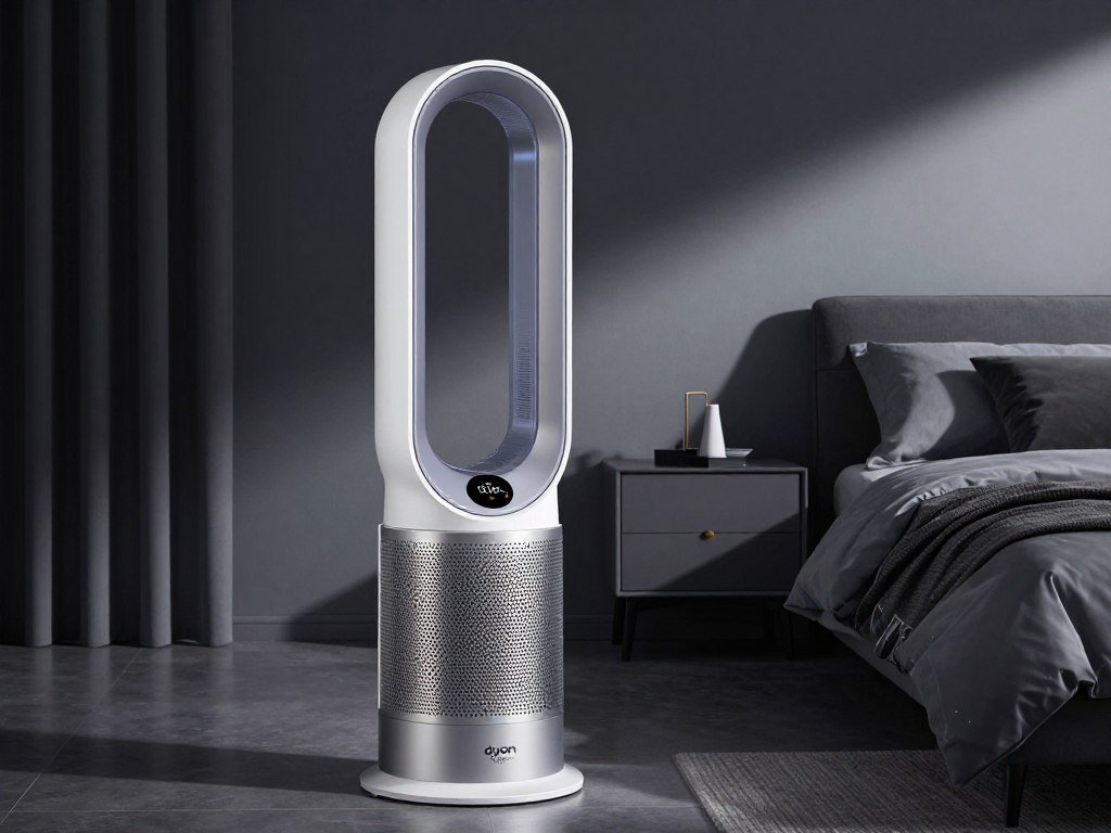 Dyson Pure Cool TP04 tower air purifier fan with LCD display in modern bedroom
