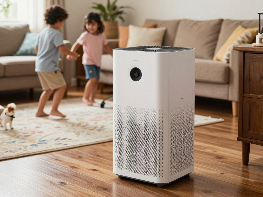 Honeywell HPA300 True HEPA air purifier in family living room with kids and pets