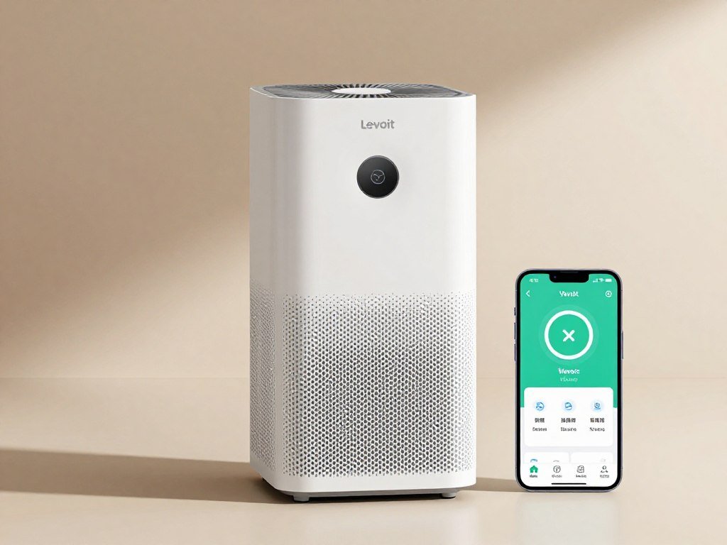 Levoit Core 600S air purifier with smartphone showing app interface