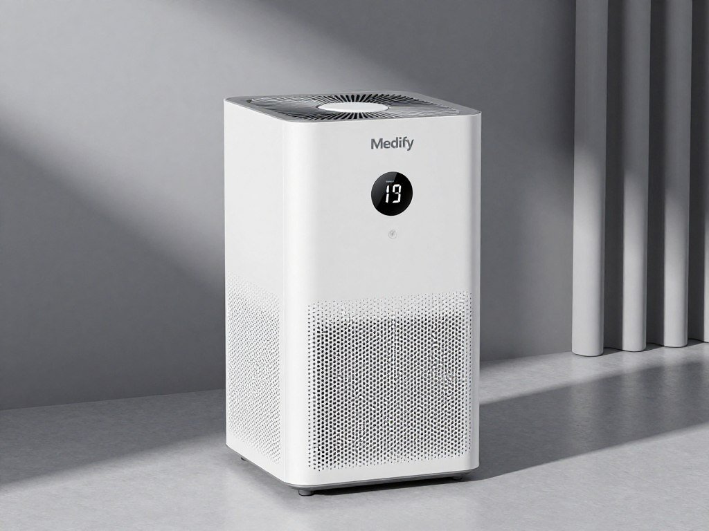 Medify MA-40 air purifier showing dual air intake and particle sensor display
