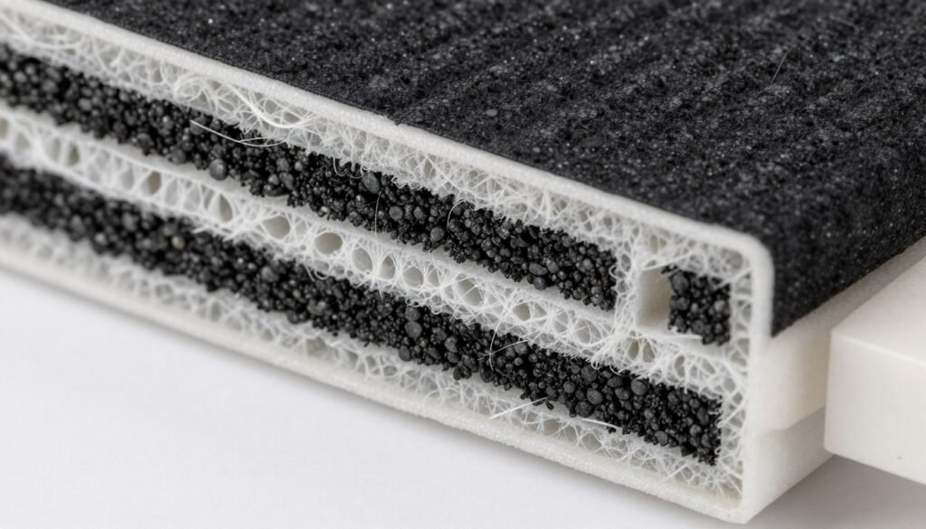 close-up of HEPA filter and activated carbon filter layers in air purifier