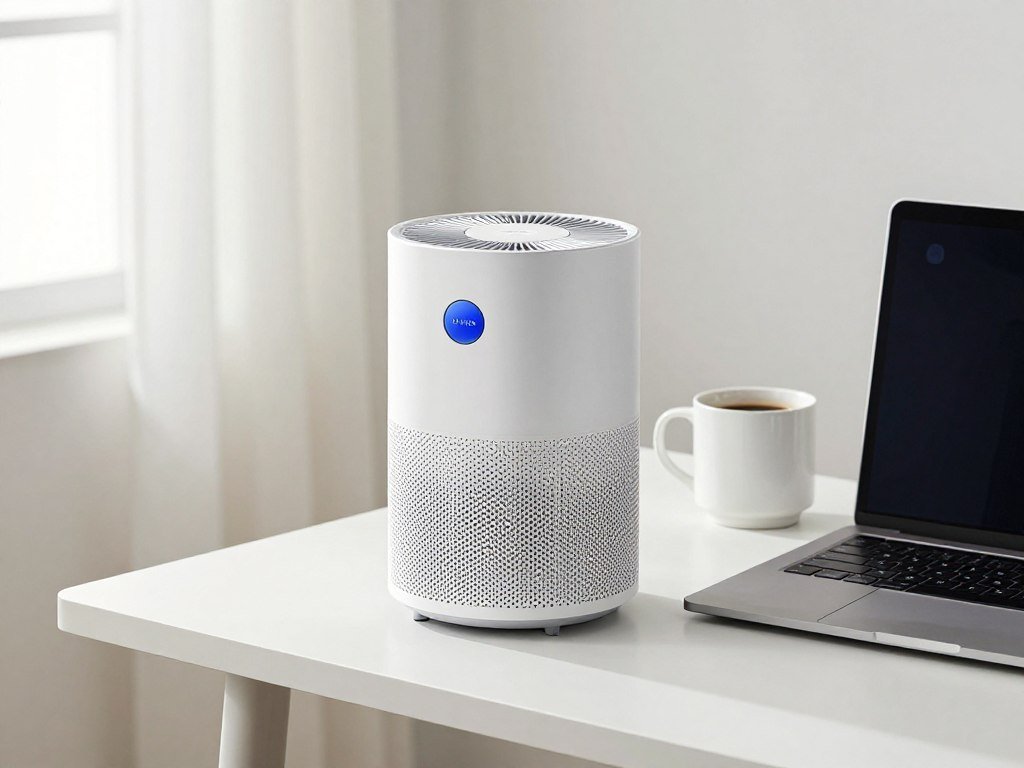 compact Levoit LV-H132 air purifier on office desk next to laptop