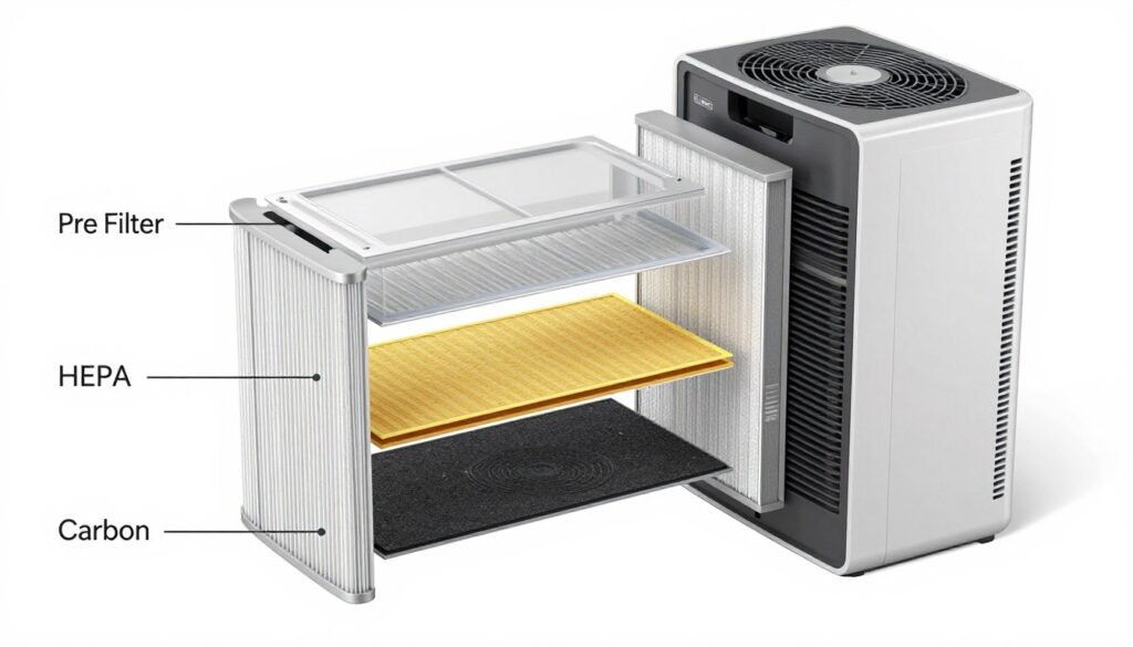 exploded view diagram of air purifier showing all filter layers
