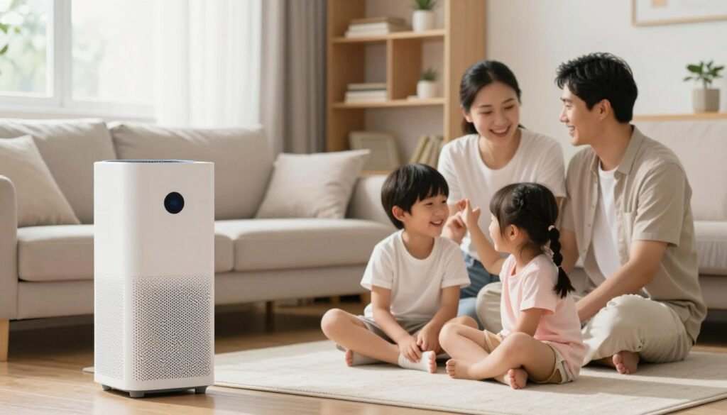 family breathing clean air in home with air purifier running