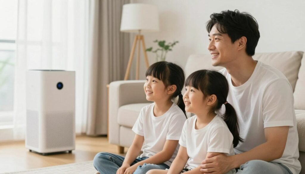 family enjoying clean air in home with air purifier