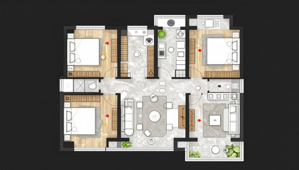 floor plan showing optimal air purifier placement in various rooms