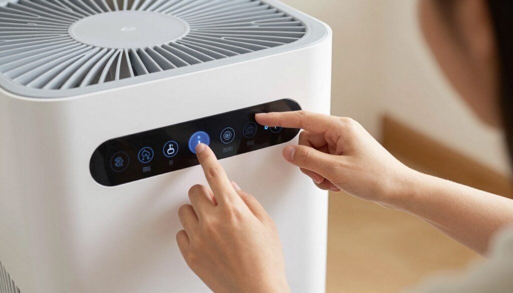 person examining air purifier controls and features