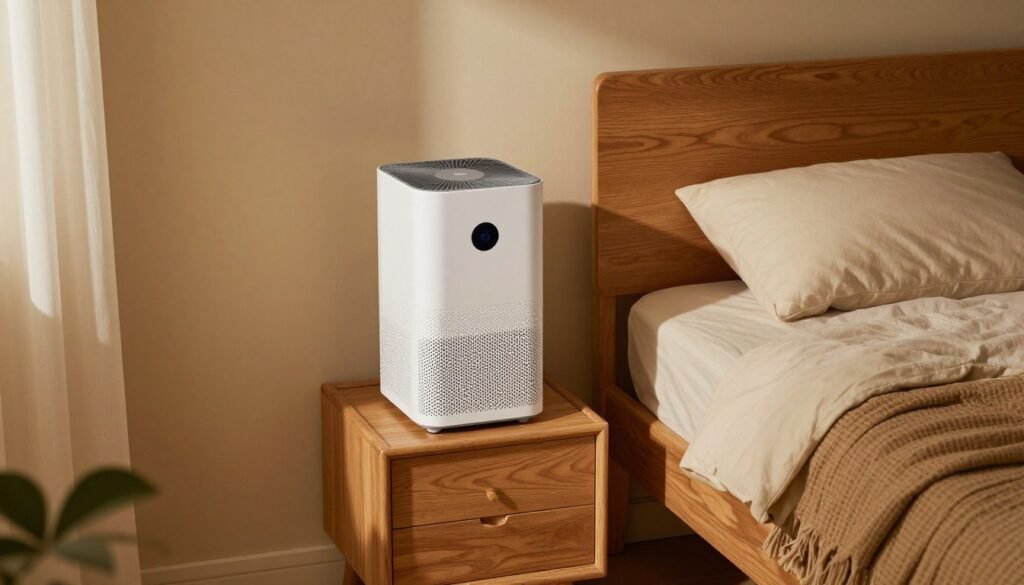 small bedroom with compact air purifier on nightstand