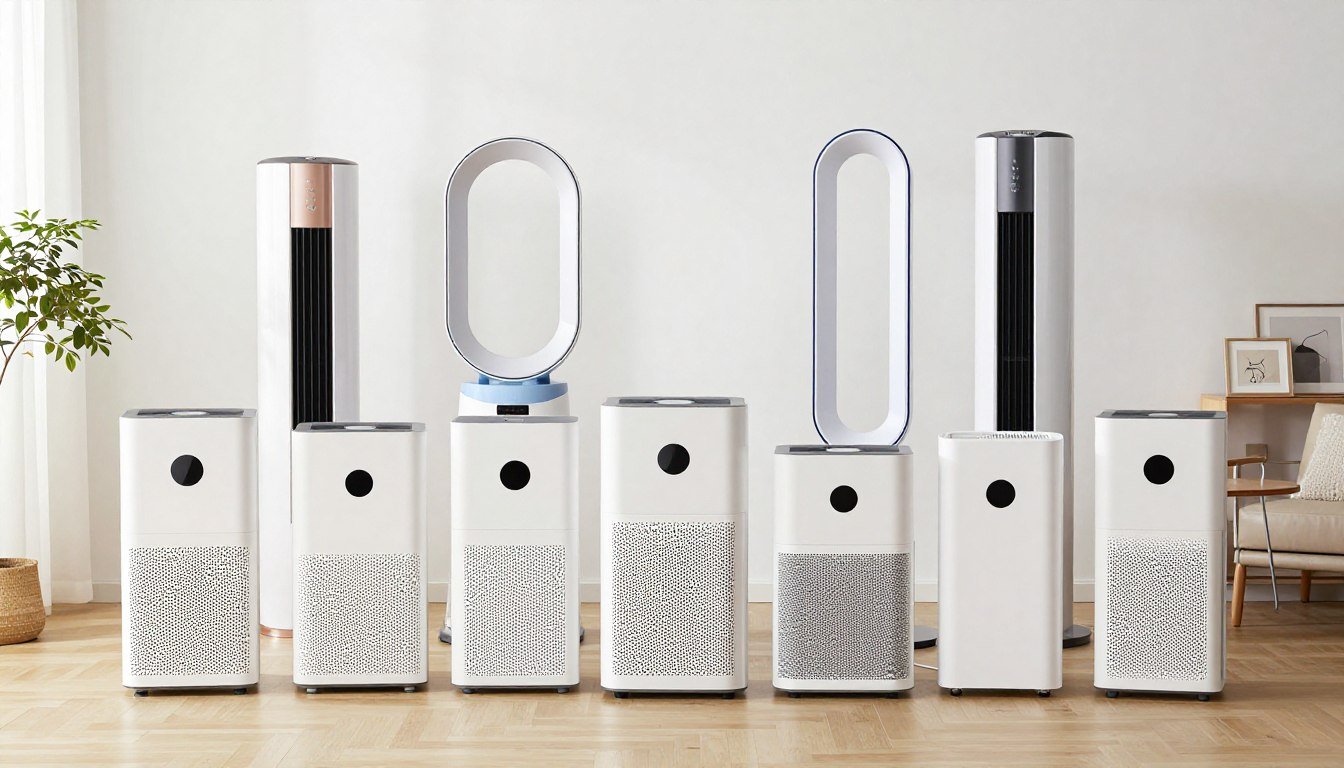 top 10 air purifiers arranged on display showing different models and sizes