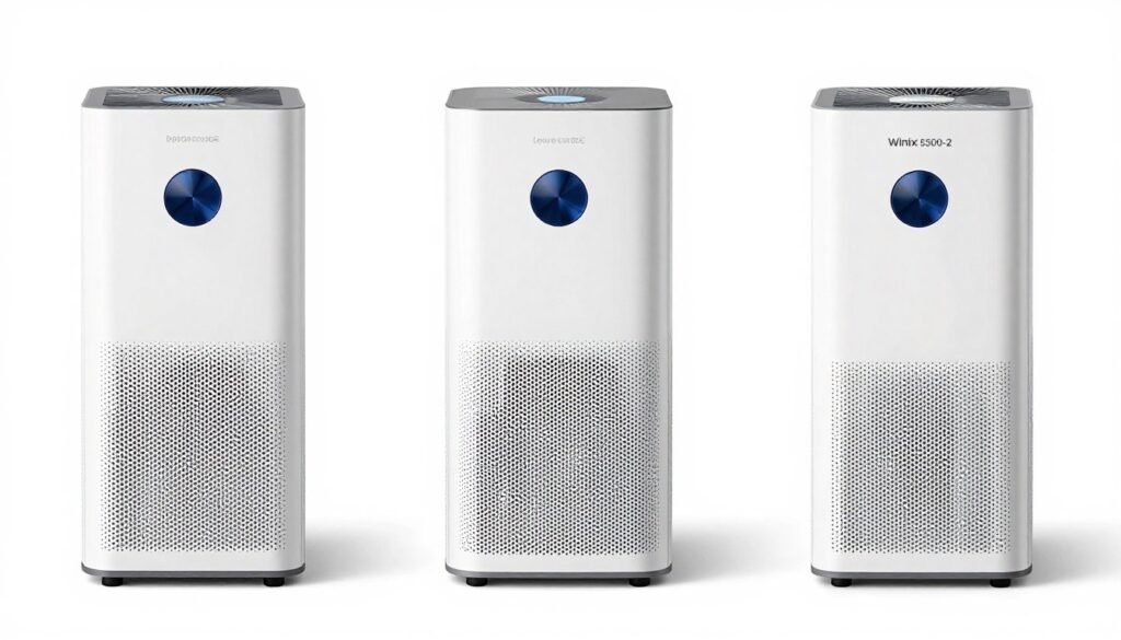top three recommended air purifiers displayed side by side