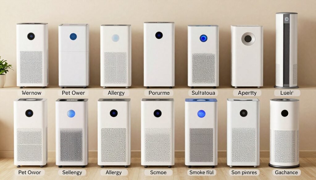 various air purifiers arranged by category showing different specialized uses